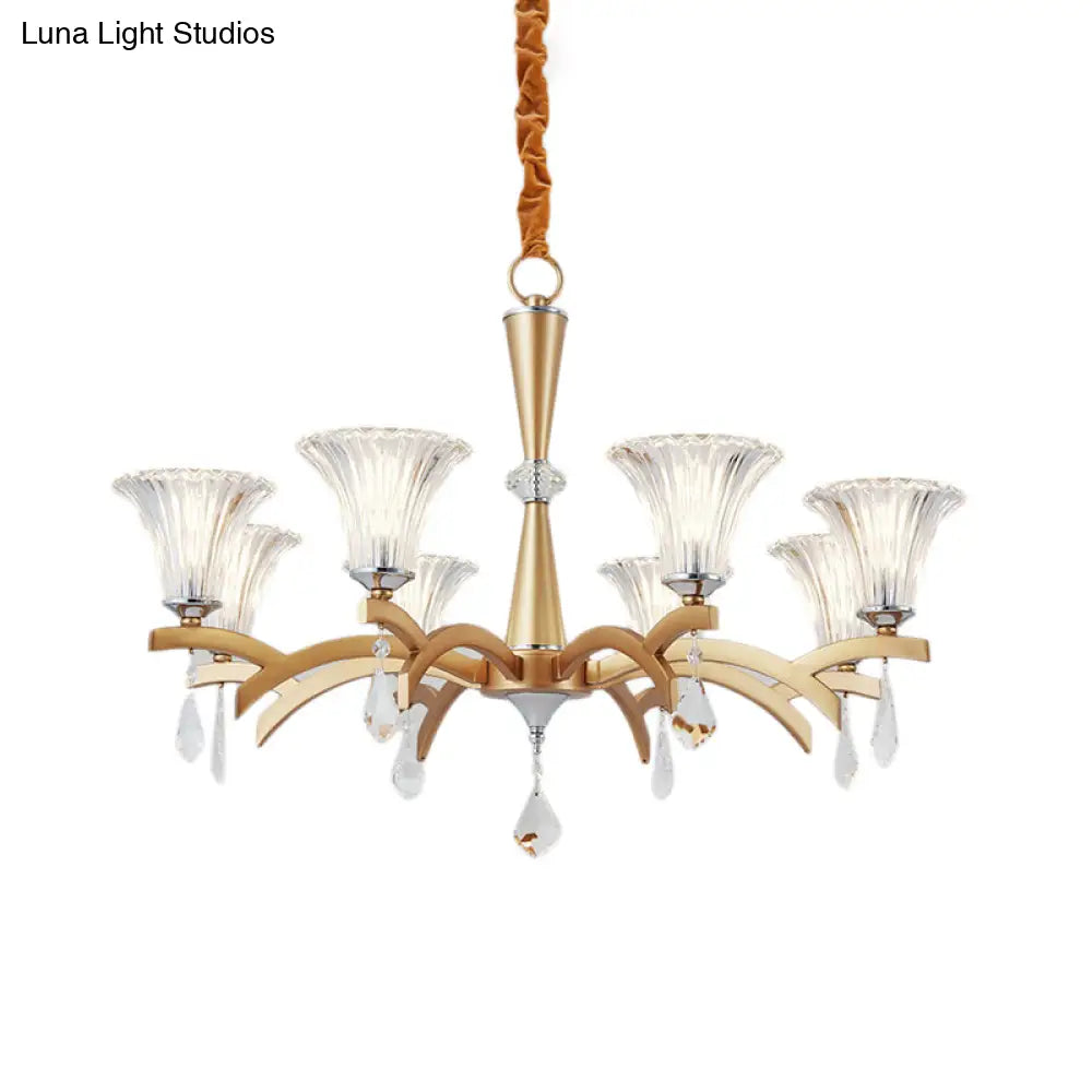 Modern Bell Shade Gold Chandelier With Clear Crystal Design - 6/8 Bulbs Pendant Lighting For Indoor