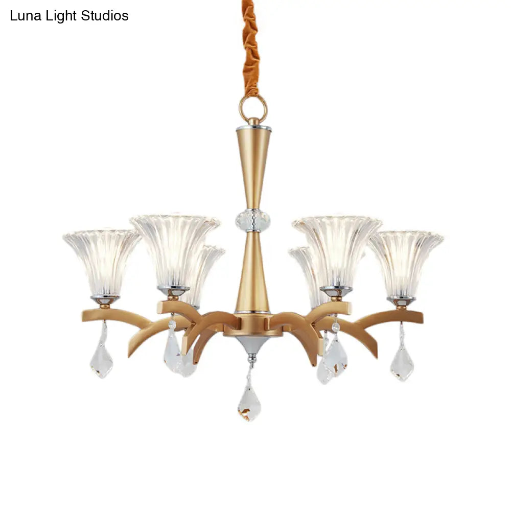 Modern Bell Shade Gold Chandelier With Clear Crystal Design - 6/8 Bulbs Pendant Lighting For Indoor