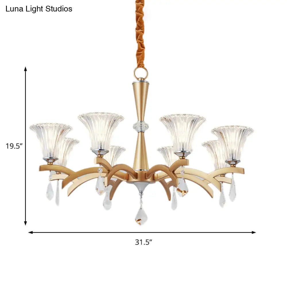 Modern Bell Shade Gold Chandelier With Clear Crystal Design - 6/8 Bulbs Pendant Lighting For Indoor