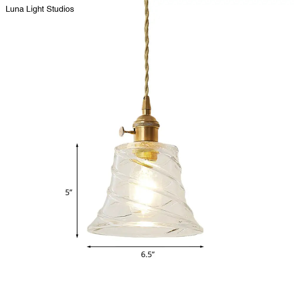 Modern Bell Shaped Clear Glass Pendant Light With Flower/Spiral Design - One Ceiling Fixture