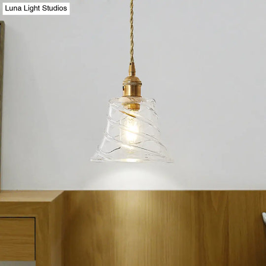 Modern Bell Shaped Clear Glass Pendant Light With Flower/Spiral Design - One Ceiling Fixture