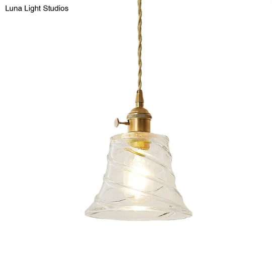 Modern Bell Shaped Clear Glass Pendant Light With Flower/Spiral Design - One Ceiling Fixture