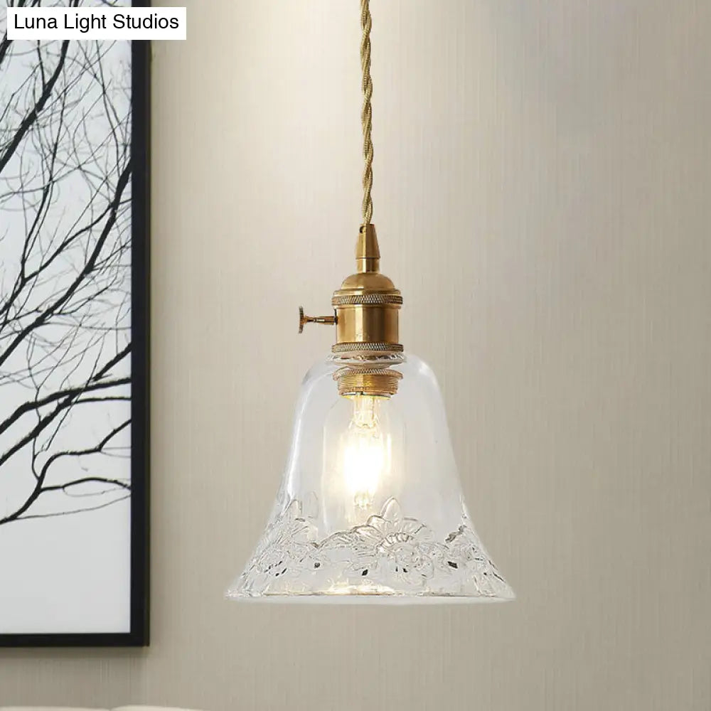 Modern Bell Shaped Glass Pendant Ceiling Light With Elegant Flower/Spiral Design Clear / A