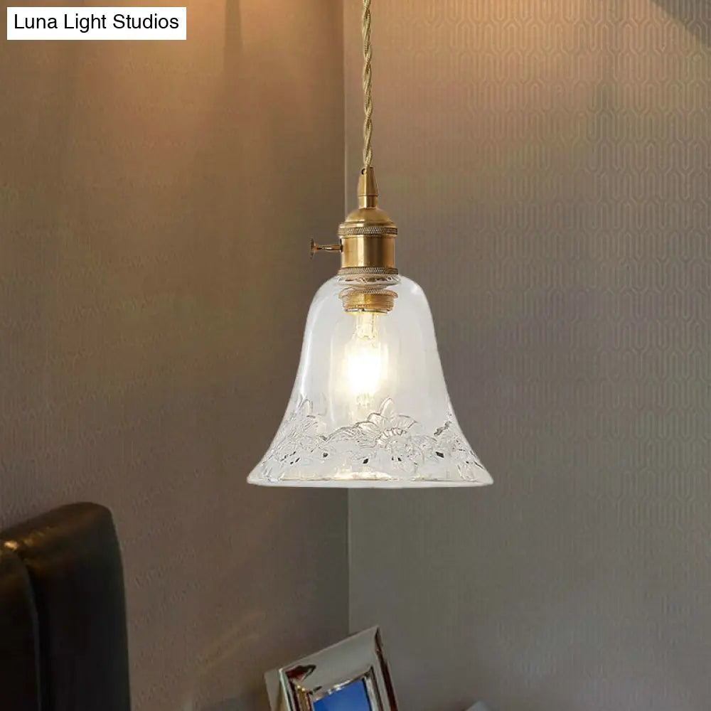 Modern Bell Shaped Clear Glass Pendant Light With Flower/Spiral Design - One Ceiling Fixture