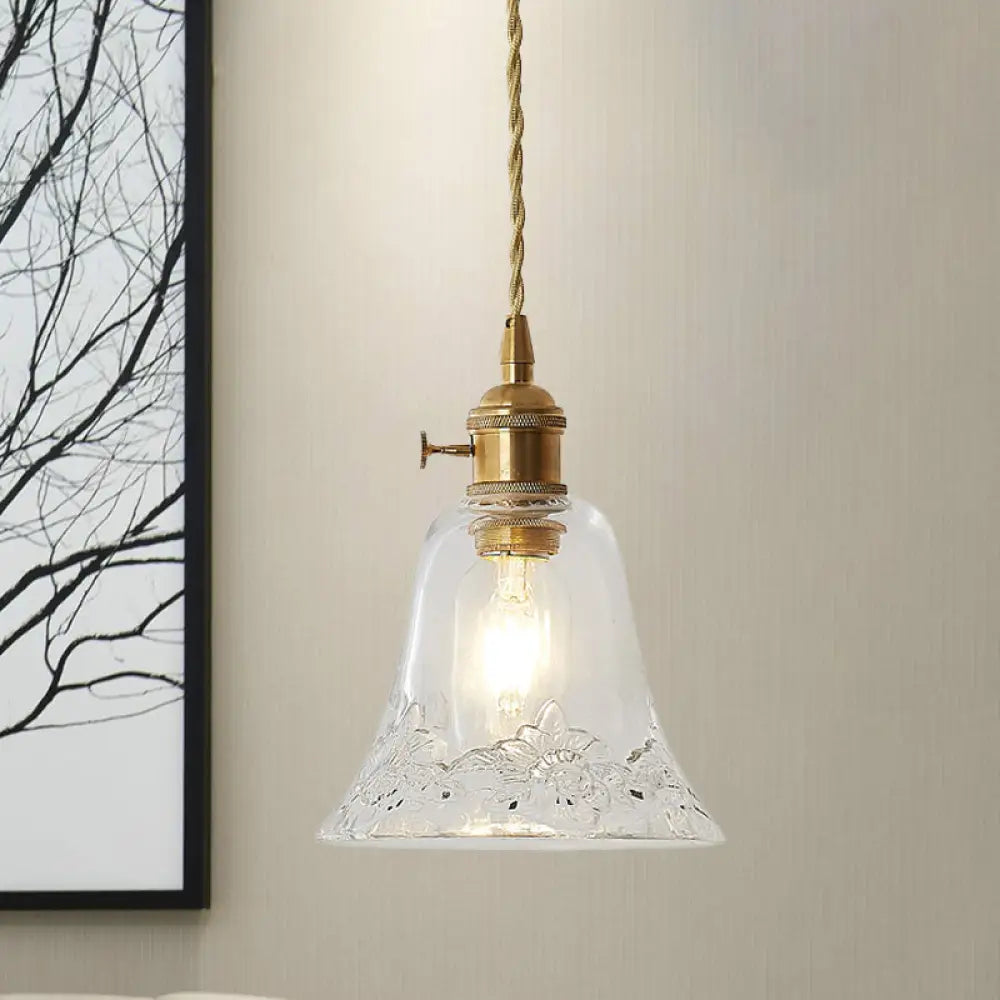 Modern Bell Shaped Clear Glass Pendant Light With Flower/Spiral Design - One Ceiling Fixture / A