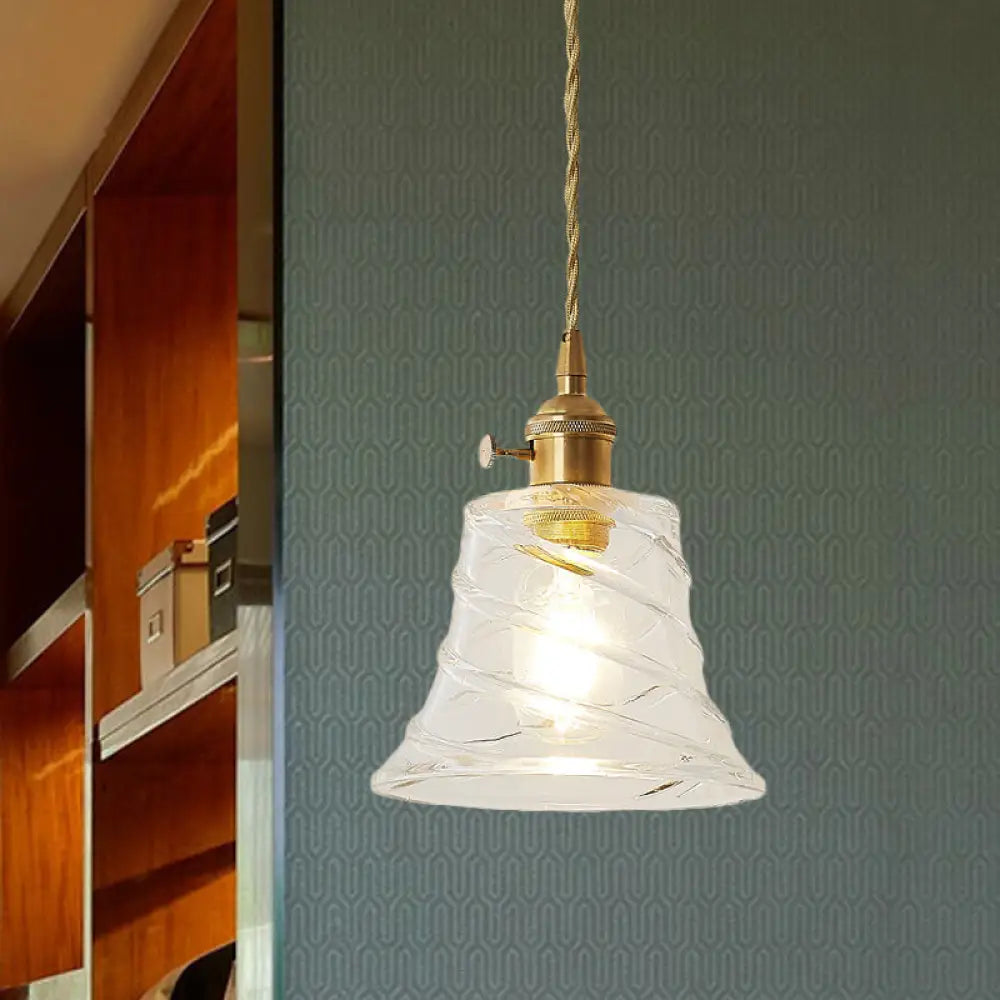 Modern Bell Shaped Clear Glass Pendant Light With Flower/Spiral Design - One Ceiling Fixture / B