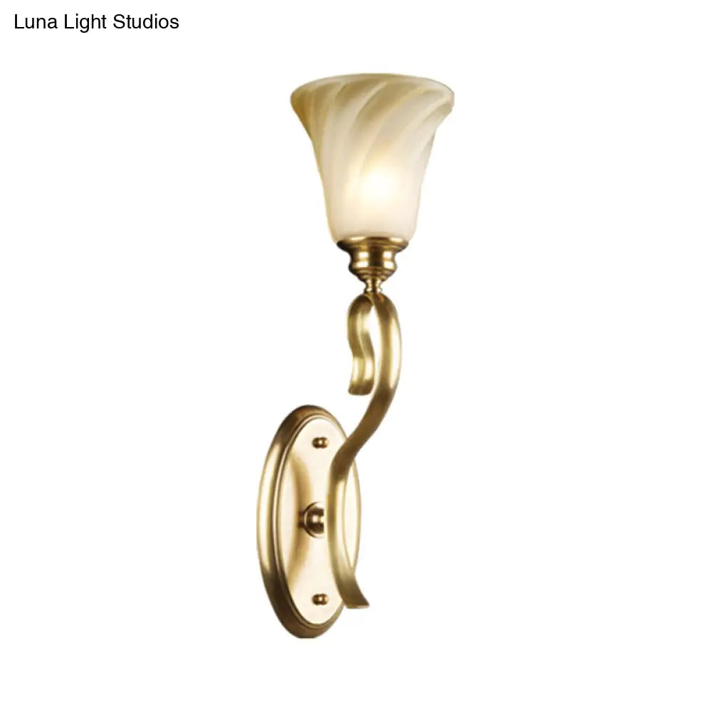 Modern Bell Wall Light Fixture In Gold With Amber Glass: 1-Head Lighting For Living Room