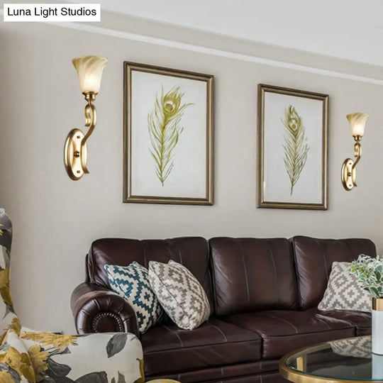 Modern Bell Wall Light Fixture In Gold With Amber Glass: 1-Head Lighting For Living Room