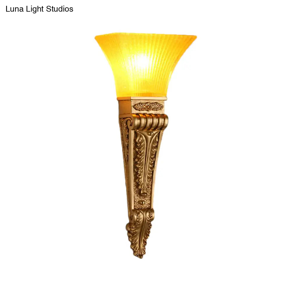 Modern Bell Wall Lighting - Yellow Glass And Resin Lamp In Gold/White For Foyer 14/19 W