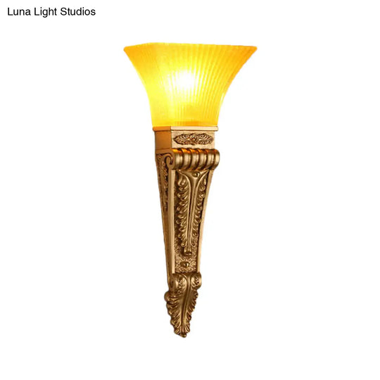 Modern Bell Wall Lighting - Yellow Glass And Resin Lamp In Gold/White For Foyer 14/19 W