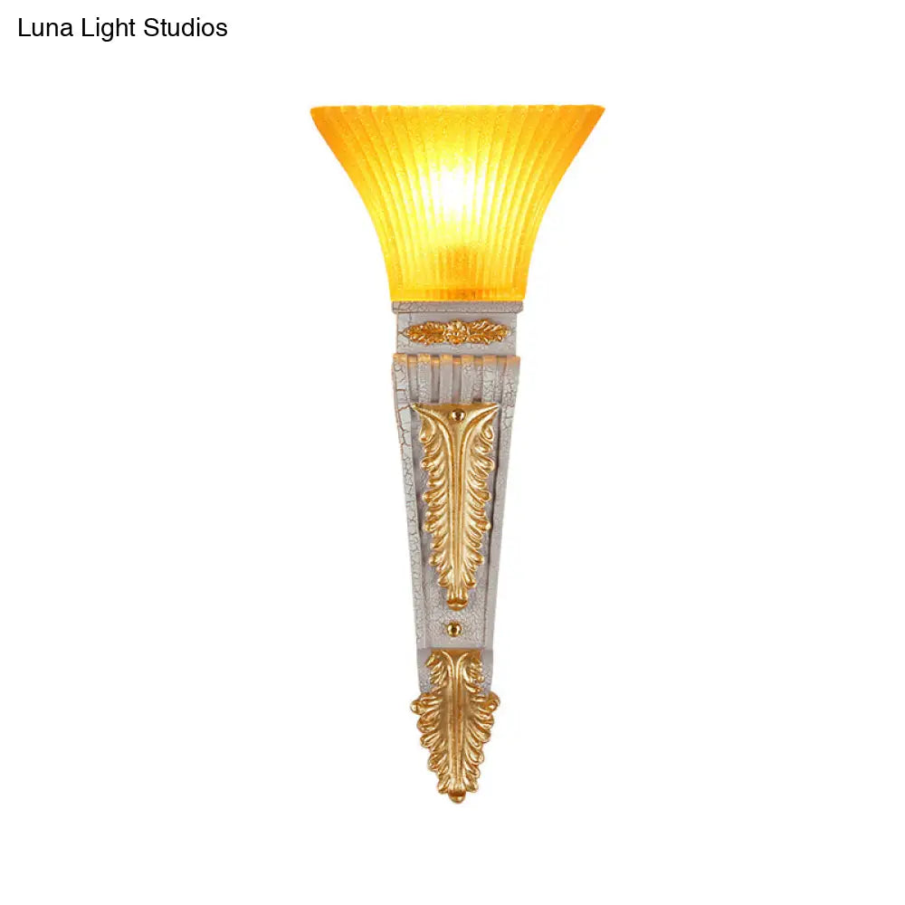 Modern Bell Wall Lighting - Yellow Glass And Resin Lamp In Gold/White For Foyer 14/19 W