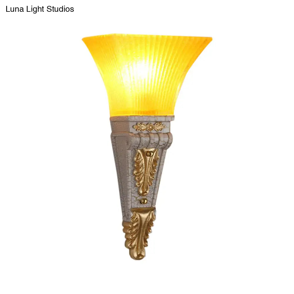 Modern Bell Wall Lighting - Yellow Glass And Resin Lamp In Gold/White For Foyer 14/19 W