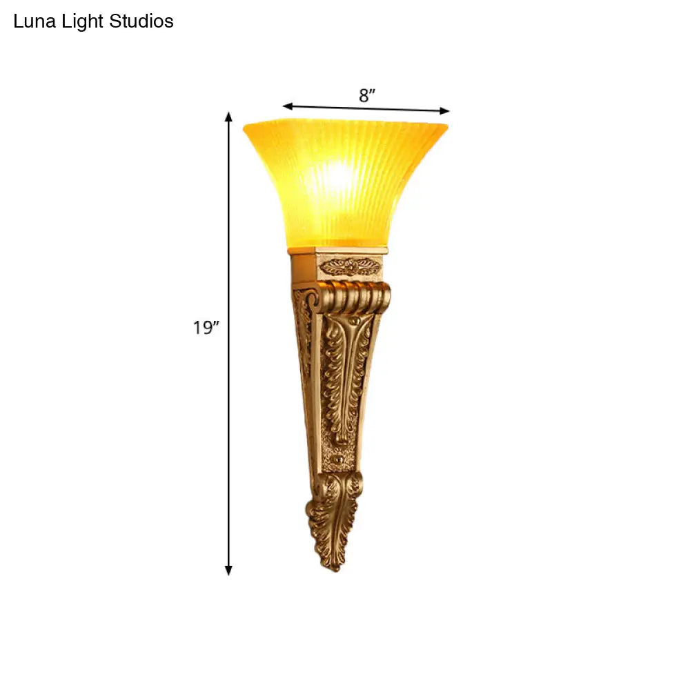 Modern Bell Wall Lighting - Yellow Glass And Resin Lamp In Gold/White For Foyer 14/19 W