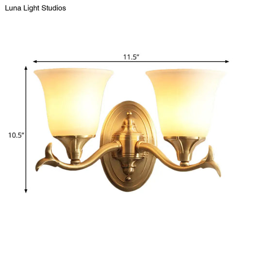 Modern Bell White Glass Wall Light Fixture - Brass 1/2-Head Living Room Lamp