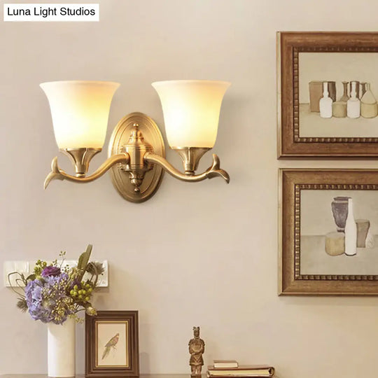 Modern Bell White Glass Wall Light Fixture - Brass 1/2-Head Living Room Lamp