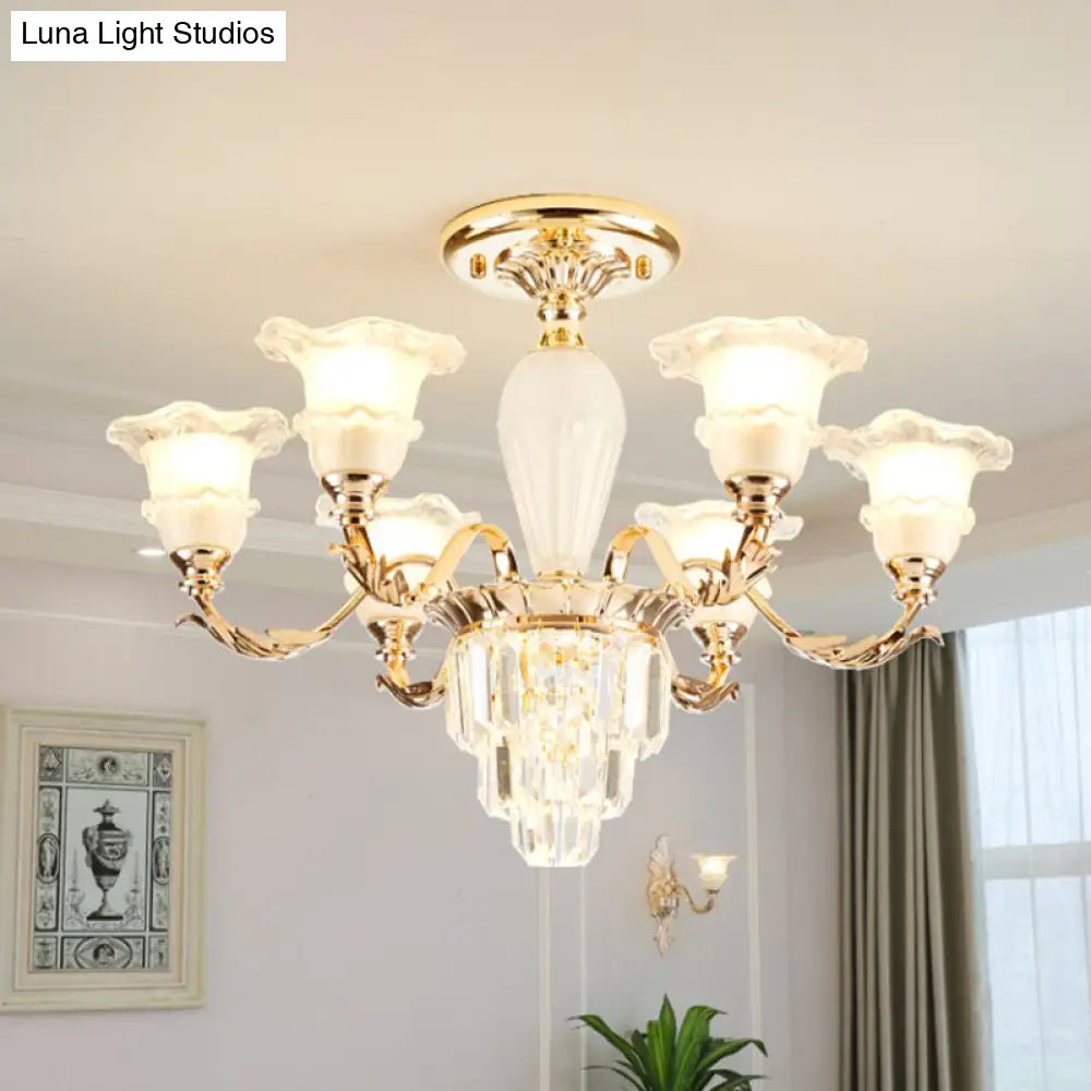 Modern Bellflower Frosted Glass Semi Flush Light Chandelier- Gold With Crystal Accent