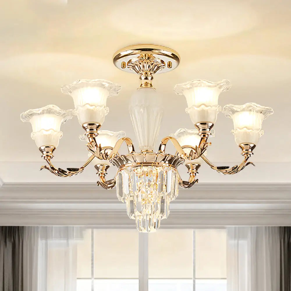Modern Bellflower Frosted Glass Semi Flush Light Chandelier- Gold With Crystal Accent 6 /