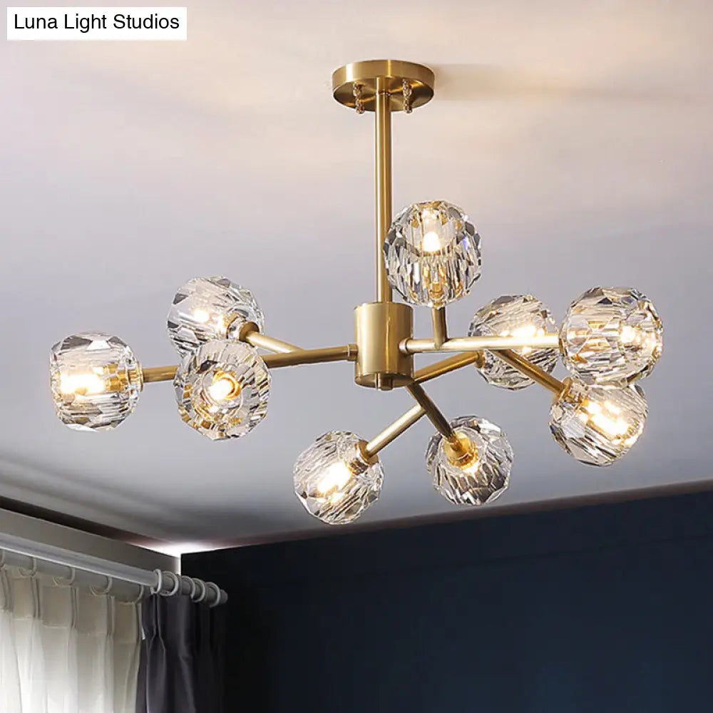 Modern Beveled Crystal Ball Chandelier In Brass - 6/15/18-Bulb Living Room Lighting Fixture