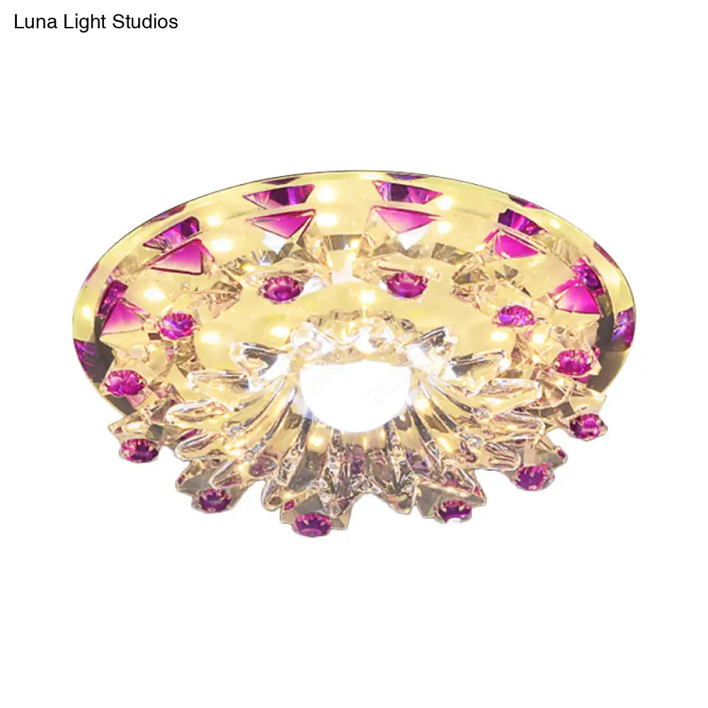 Modern Beveled Crystal Flower Flush Mount Led Ceiling Light Fixture In Purple - Perfect Hallway