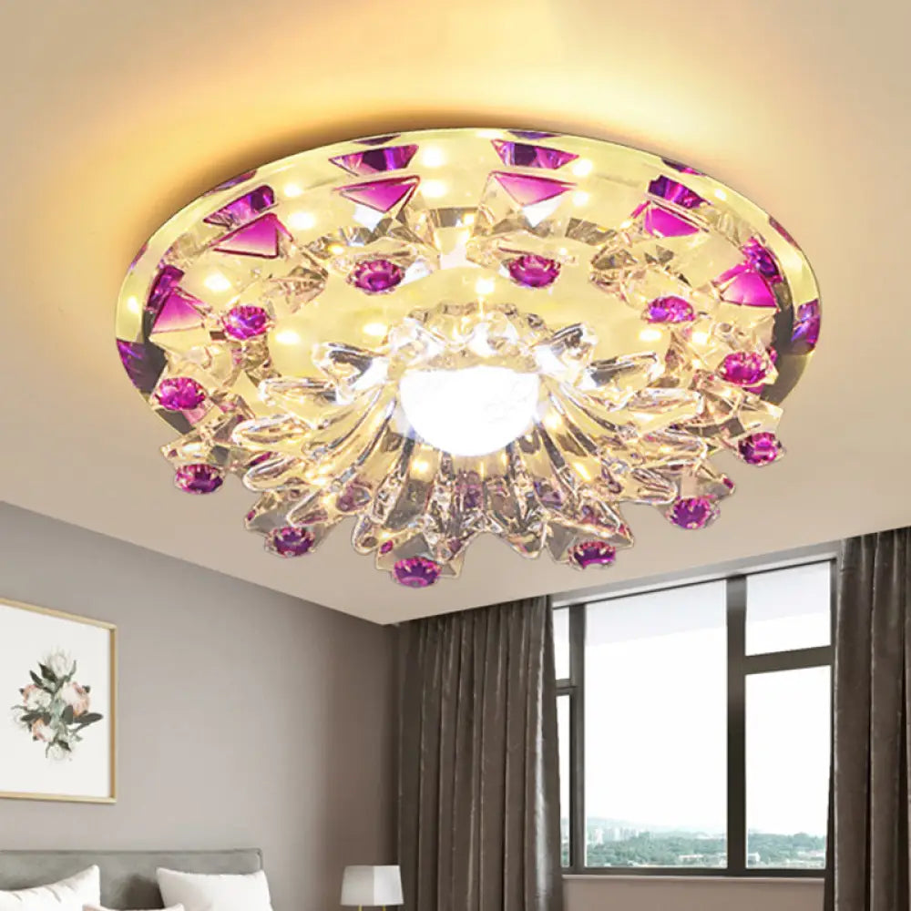 Modern Beveled Crystal Flower Flush Mount Led Ceiling Light Fixture In Purple - Perfect Hallway