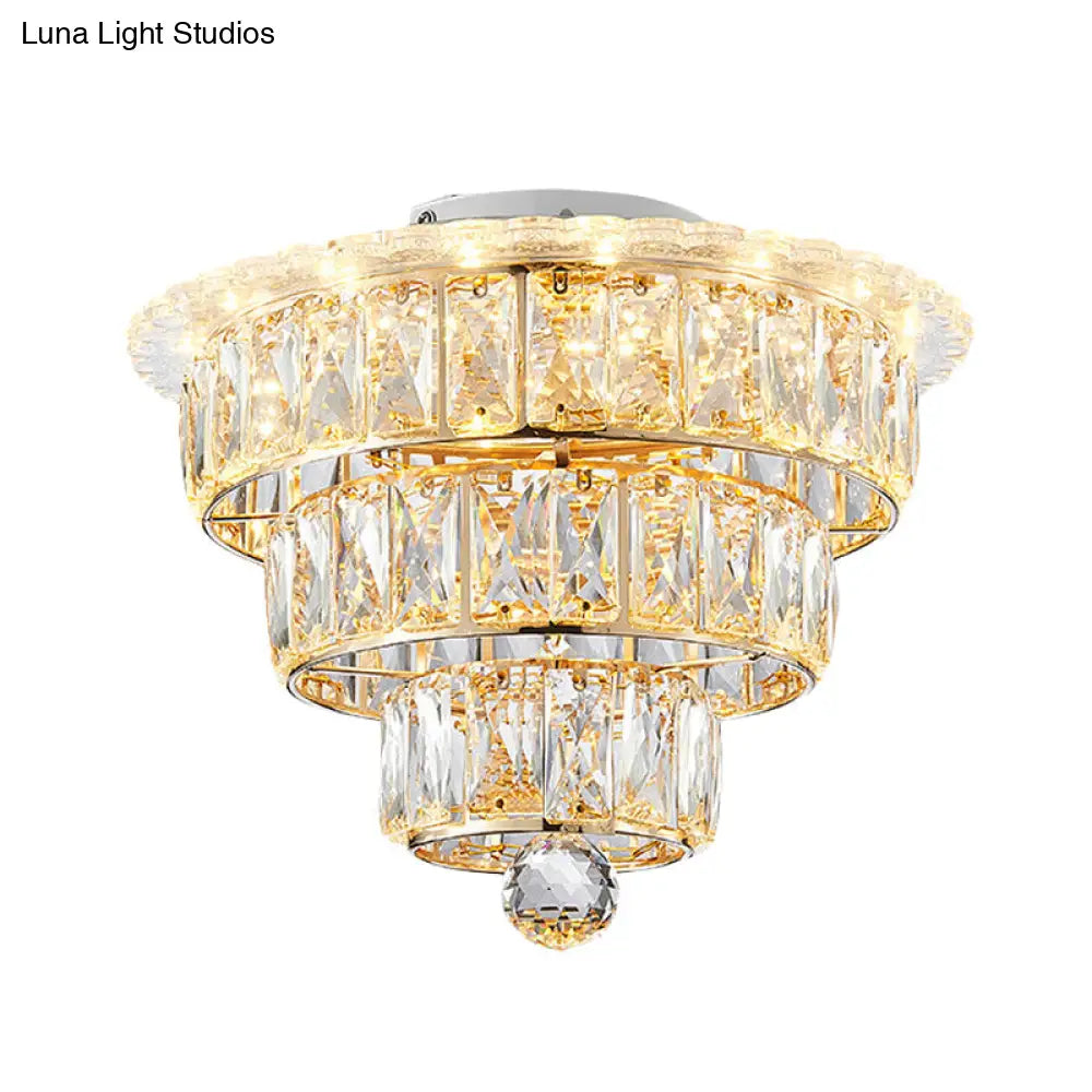 Modern Beveled Crystal Gold Flushmount Led Ceiling Light - 3 Tiers 9.5/12 Inches Wide