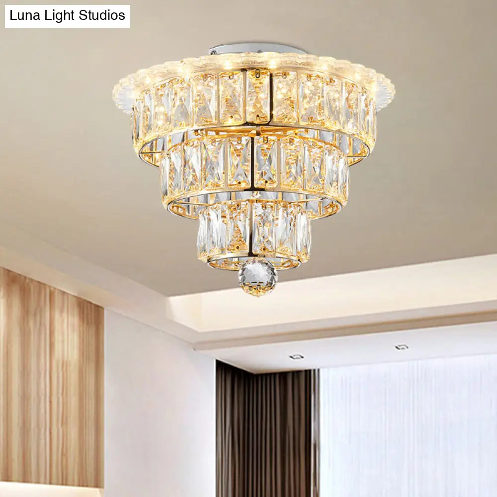 Modern Beveled Crystal Gold Flushmount Led Ceiling Light - 3 Tiers 9.5/12 Inches Wide