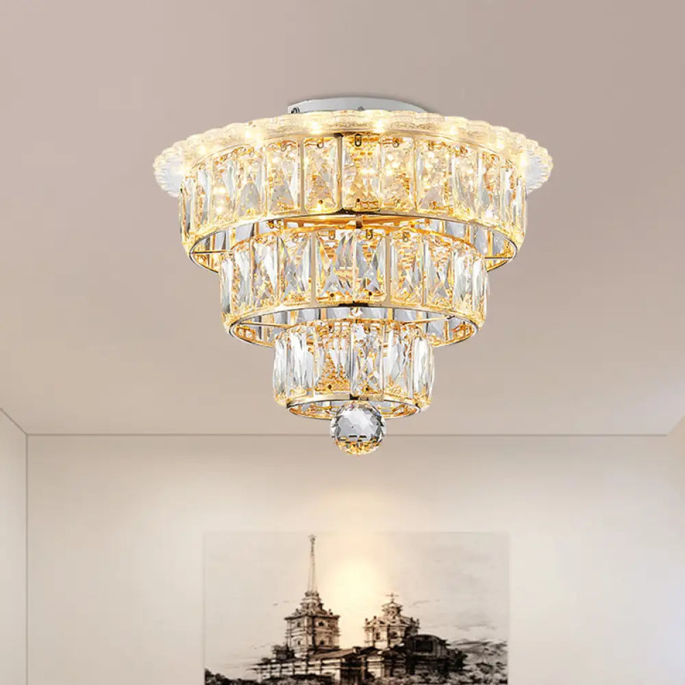 Modern Beveled Crystal Gold Flushmount Led Ceiling Light - 3 Tiers 9.5/12 Inches Wide / 9.5’
