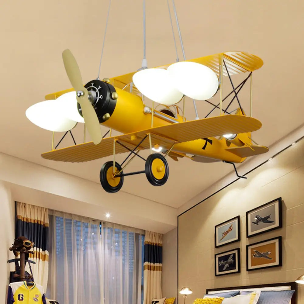 Modern Biplane Design Chandeliers For Boys Bedrooms - 4 Light Glass Shade Ceiling Fixture Yellow