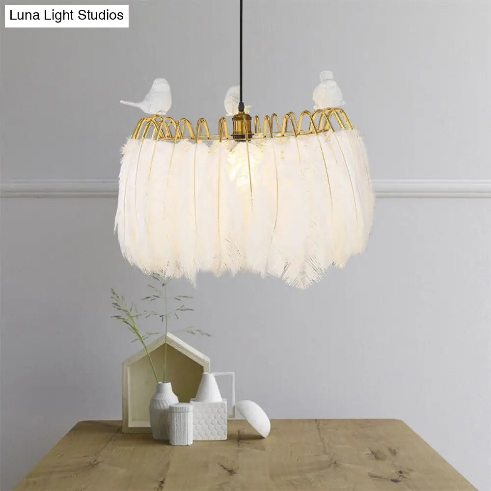 Modern Bird Fabric Drum Pendant With 1 Light For Bedroom White / 19.5