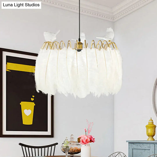 Modern Bird Fabric Drum Pendant With 1 Light For Bedroom