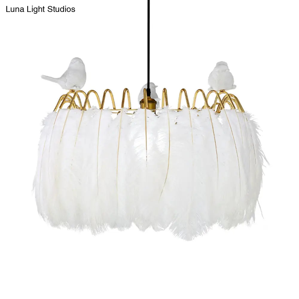 Modern Bird Fabric Drum Pendant Lamp - White 1-Light Hanging For Bedroom