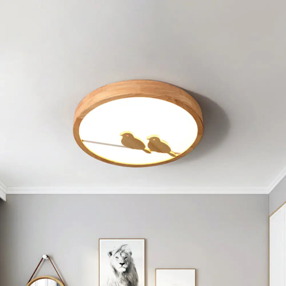 Modern Bird Pattern Led Drum Ceiling Light With Wood Finish