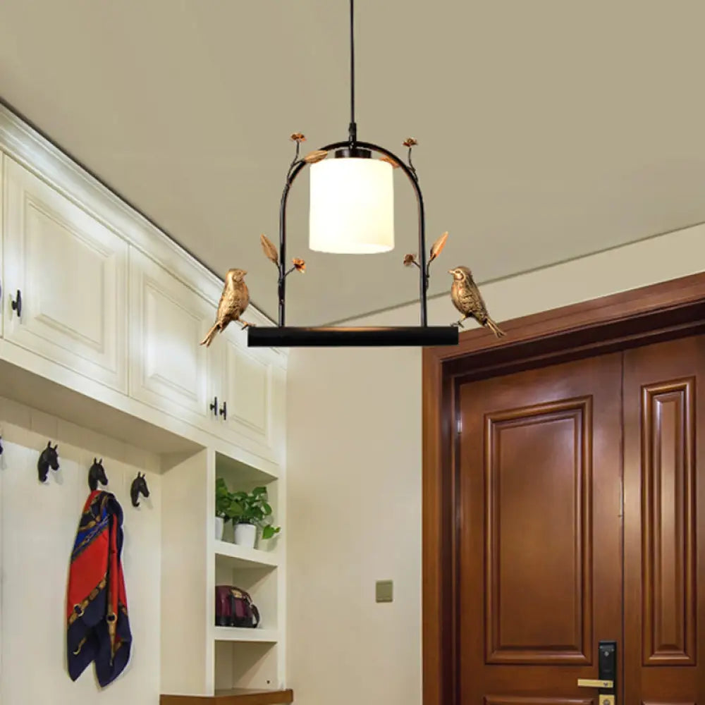 Modern Birdcage Ceiling Light With Black & Gold Metal Cream Glass Shade Bird Decor