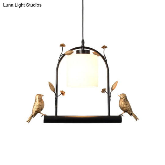 Modern Birdcage Ceiling Light With Black & Gold Metal Cream Glass Shade Bird Decor