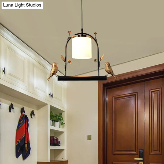 Modern Birdcage Ceiling Light: Black & Gold Pendant With Cream Glass Shade And Bird Decor