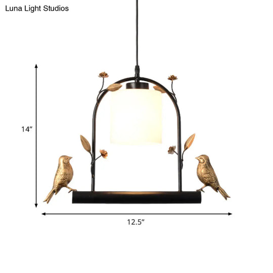 Modern Birdcage Ceiling Light: Black & Gold Pendant With Cream Glass Shade And Bird Decor