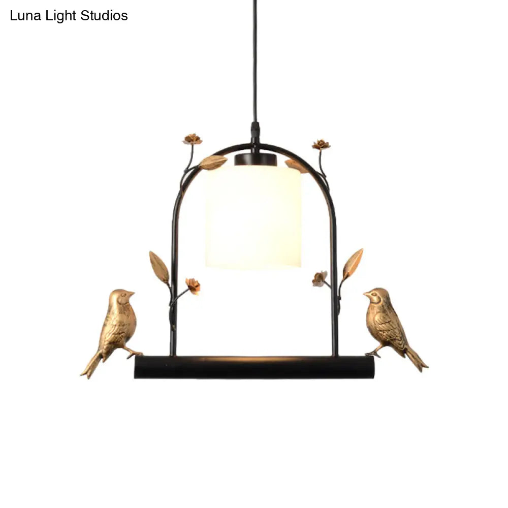 Modern Birdcage Ceiling Light: Black & Gold Pendant With Cream Glass Shade And Bird Decor