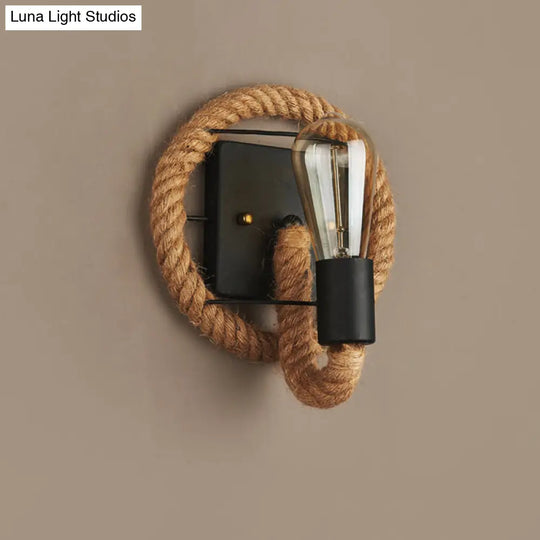 Modern Black 1-Light Rope Wall Sconce For Corridor With Exposed Bulb