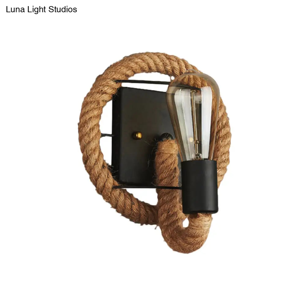 Modern Black 1-Light Rope Wall Sconce For Corridor With Exposed Bulb