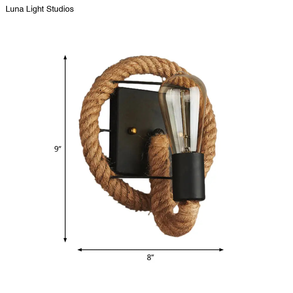 Modern Black 1-Light Rope Wall Sconce For Corridor With Exposed Bulb