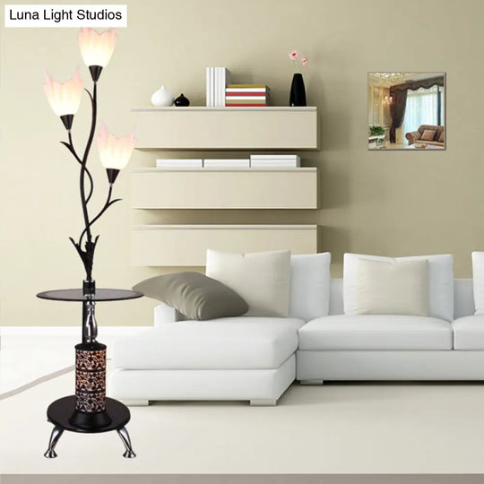 Modern Black 3-Head Tray Floor Lamp With Acrylic Flower Accent - Ideal For Living Room Décor