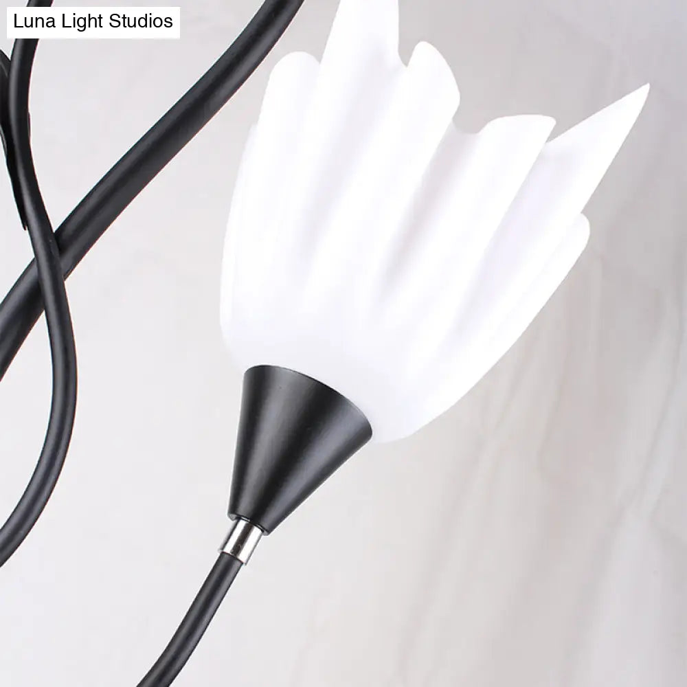 Modern Black 3-Head Tray Floor Lamp With Acrylic Flower Accent - Ideal For Living Room Décor