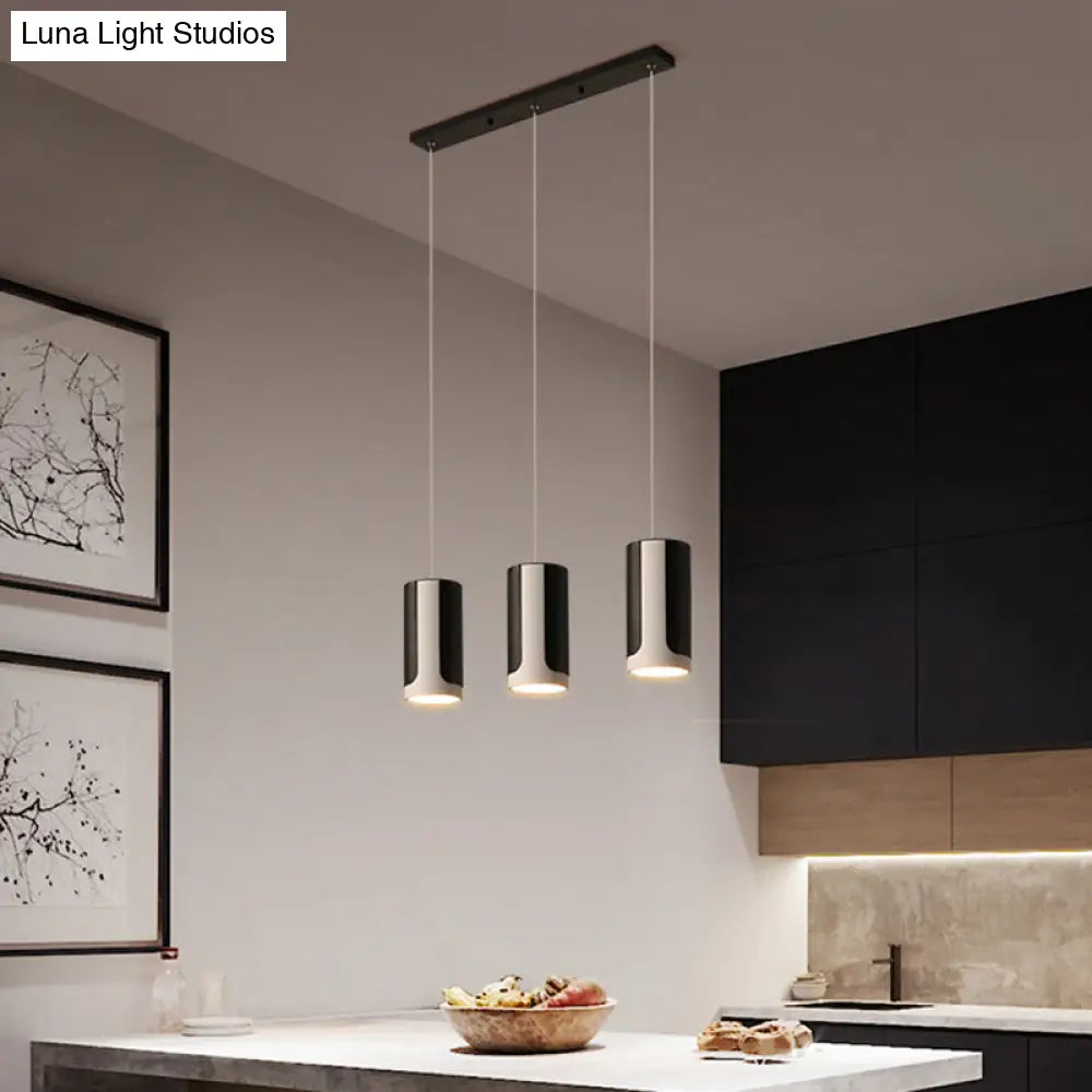 Modern Black 3-Light Metallic Pendant Lamp With Cylindrical Suspension