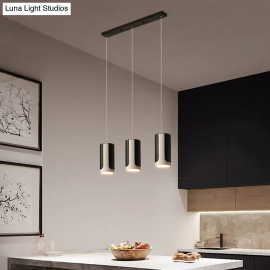 Modern Black 3-Light Metallic Pendant Lamp With Cylindrical Suspension