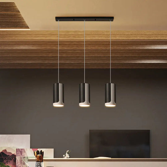 Modern Black 3-Light Metallic Pendant Lamp With Cylindrical Suspension