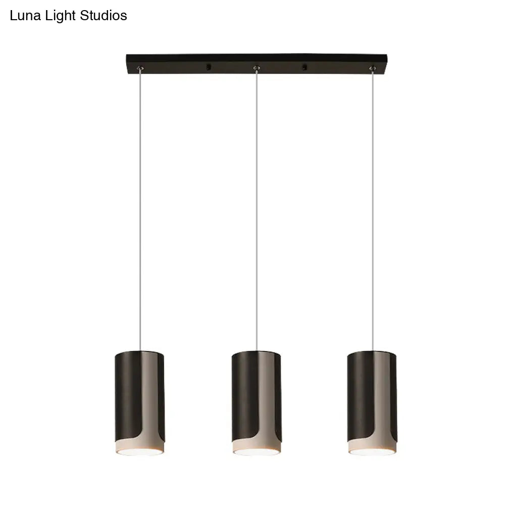 Modern Black 3-Light Metallic Pendant Lamp With Cylindrical Suspension