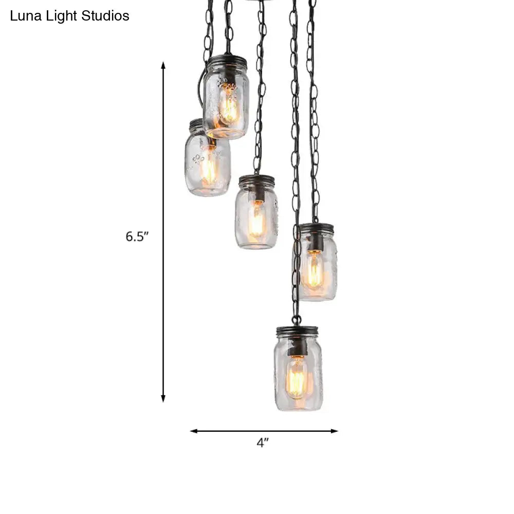 Modern Black 5-Light Cluster Pendant With Clear Glass Jar Shades - Hanging Light Fixture Cord/Chain