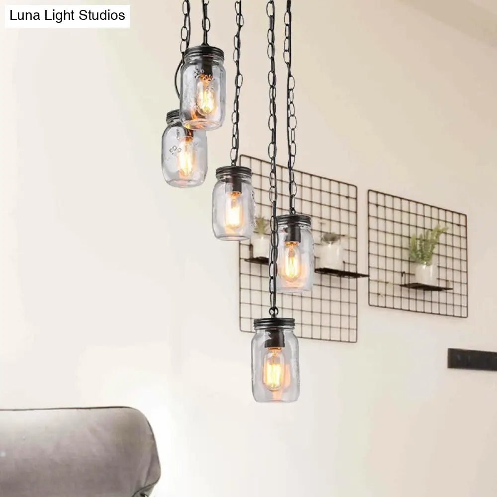 Modern Black 5-Light Cluster Pendant With Clear Glass Jar Shades - Hanging Light Fixture Cord/Chain