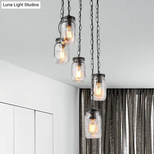 Modern Black 5-Light Cluster Pendant With Clear Glass Jar Shades - Hanging Light Fixture Cord/Chain