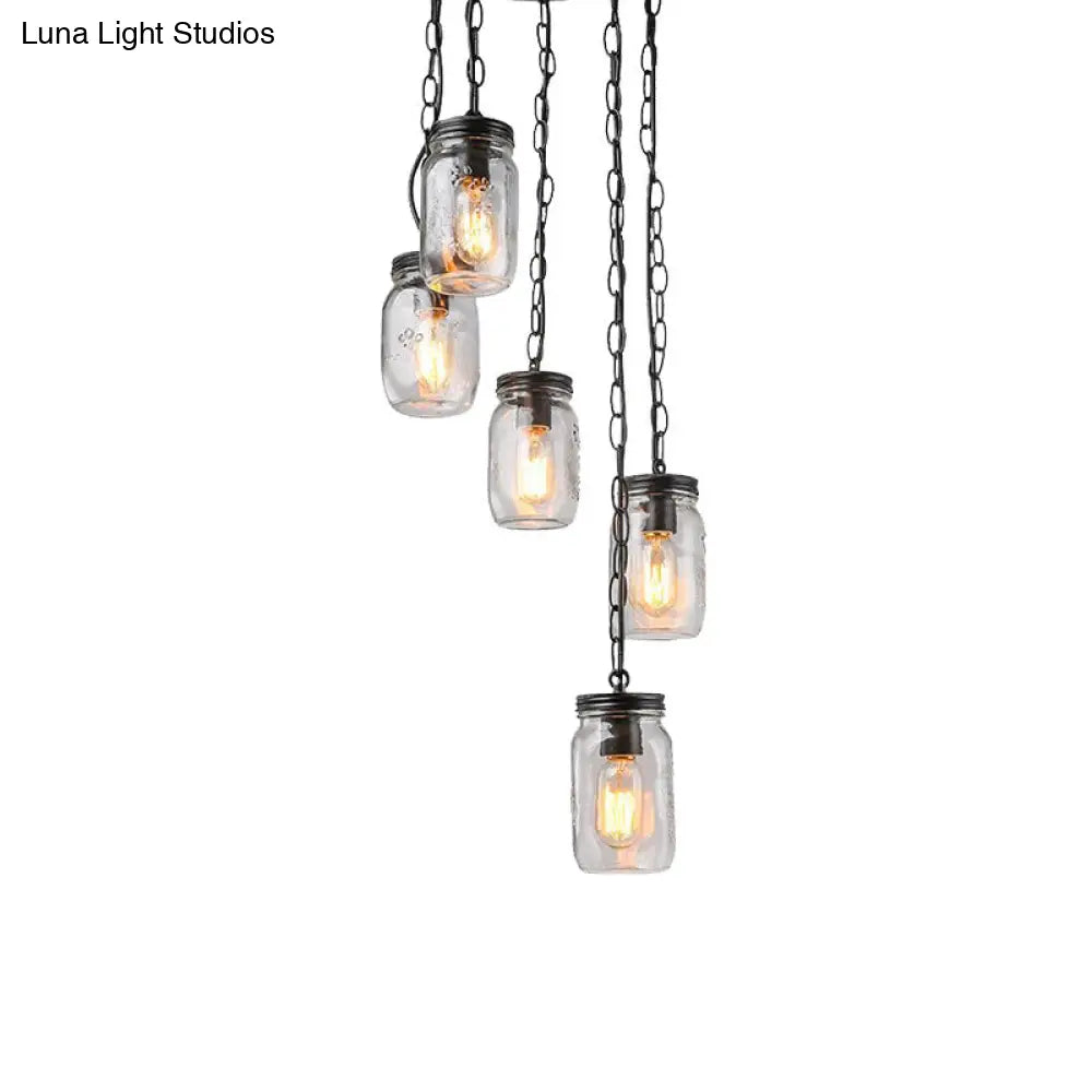 Modern Black 5-Light Cluster Pendant With Clear Glass Jar Shades - Hanging Light Fixture Cord/Chain